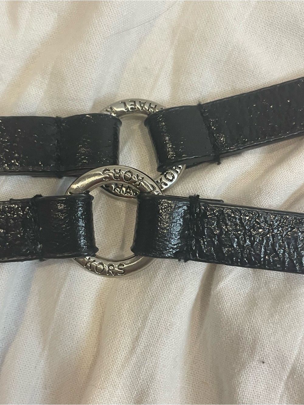 Michael Kors Black Leather Skinny Belt Silver Logo Ring Hardware S/M - Picture 8 of 9